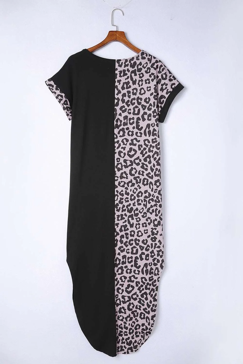 Black Leopard Patchwork Casual T-Shirt Dress With Slits