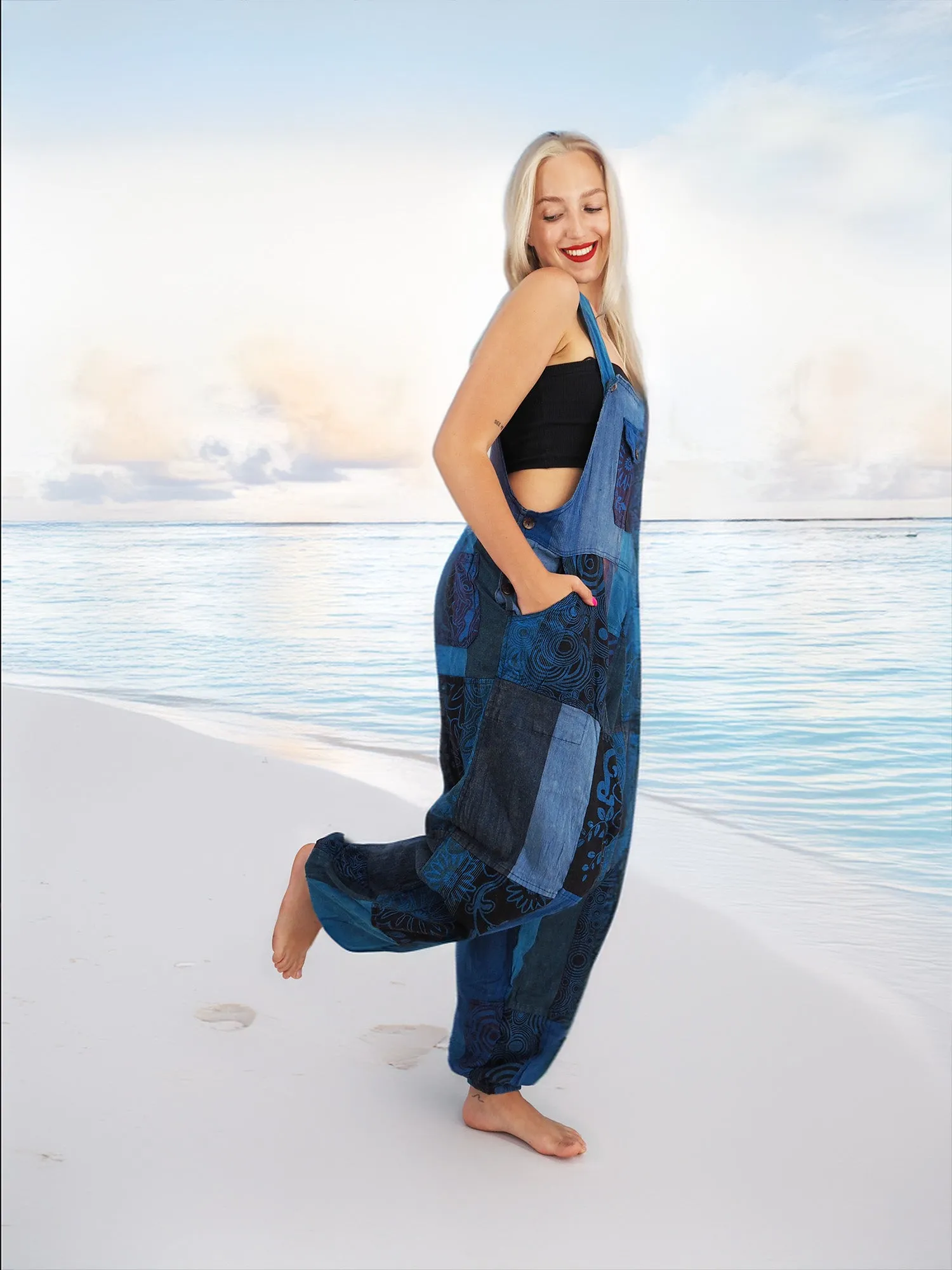 Handmade Casual Boho Hippie Cotton Patchwork Pants Overall Jumper Size S to XL Blue