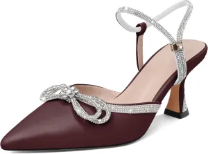 Joseywade Low Heels Rhinestone Bow Heels Slingback Kitten Heels Pumps Bow Pointed Toe Women Adjustable Ankle Strap Shoes
