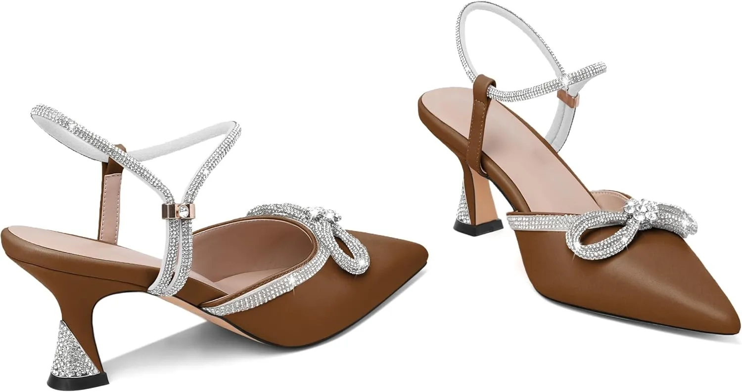Joseywade Low Heels Rhinestone Bow Heels Slingback Kitten Heels Pumps Bow Pointed Toe Women Adjustable Ankle Strap Shoes