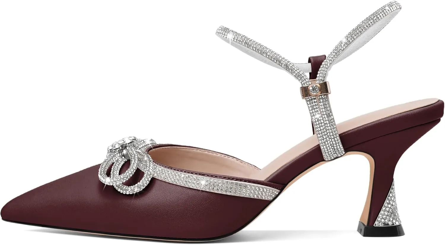 Joseywade Low Heels Rhinestone Bow Heels Slingback Kitten Heels Pumps Bow Pointed Toe Women Adjustable Ankle Strap Shoes