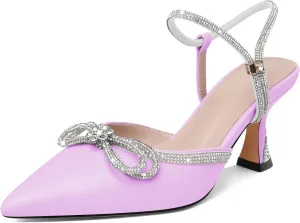 Joseywade Low Heels Rhinestone Bow Heels Slingback Kitten Heels Pumps Bow Pointed Toe Women Adjustable Ankle Strap Shoes