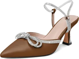 Joseywade Low Heels Rhinestone Bow Heels Slingback Kitten Heels Pumps Bow Pointed Toe Women Adjustable Ankle Strap Shoes