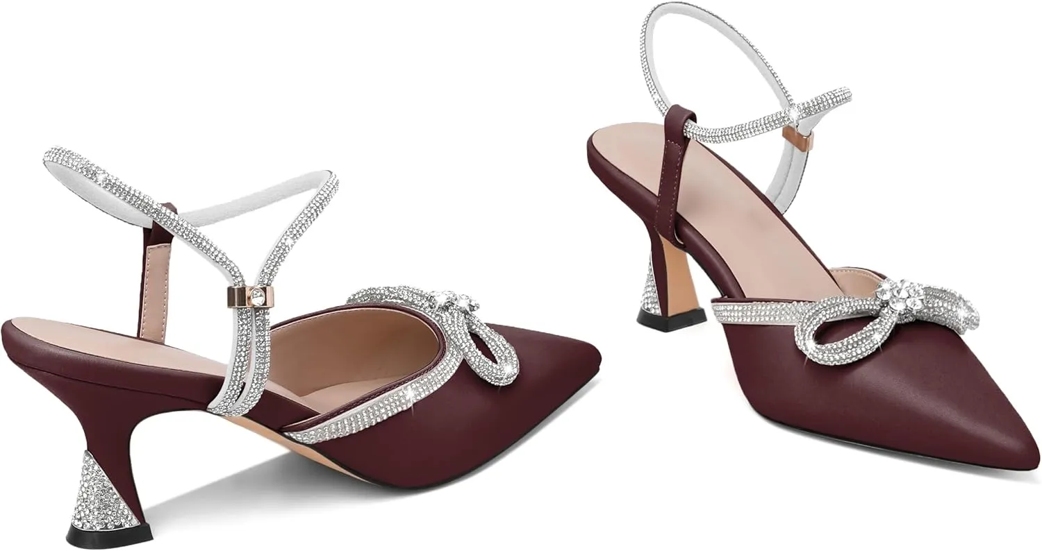 Joseywade Low Heels Rhinestone Bow Heels Slingback Kitten Heels Pumps Bow Pointed Toe Women Adjustable Ankle Strap Shoes