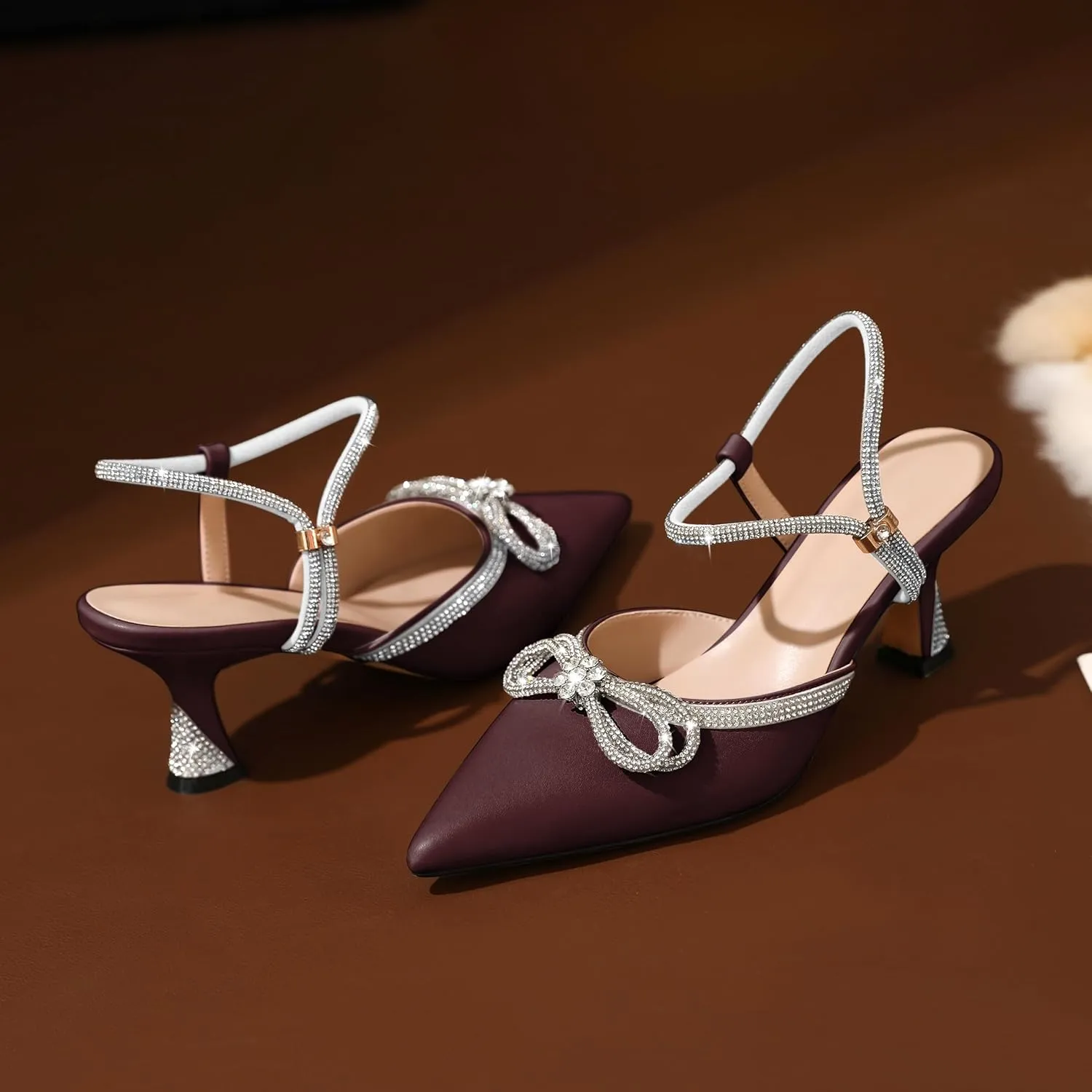 Joseywade Low Heels Rhinestone Bow Heels Slingback Kitten Heels Pumps Bow Pointed Toe Women Adjustable Ankle Strap Shoes