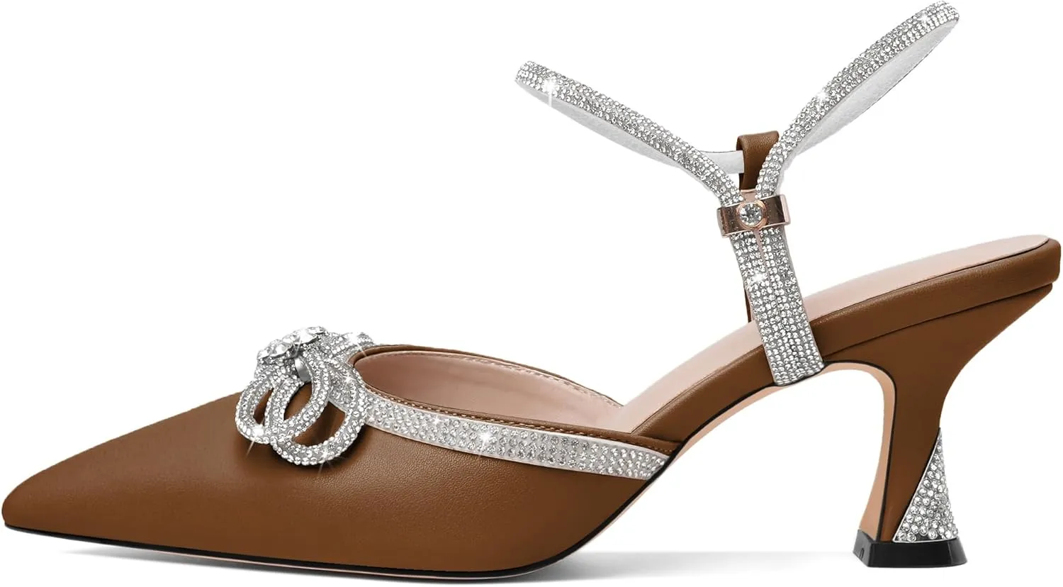 Joseywade Low Heels Rhinestone Bow Heels Slingback Kitten Heels Pumps Bow Pointed Toe Women Adjustable Ankle Strap Shoes