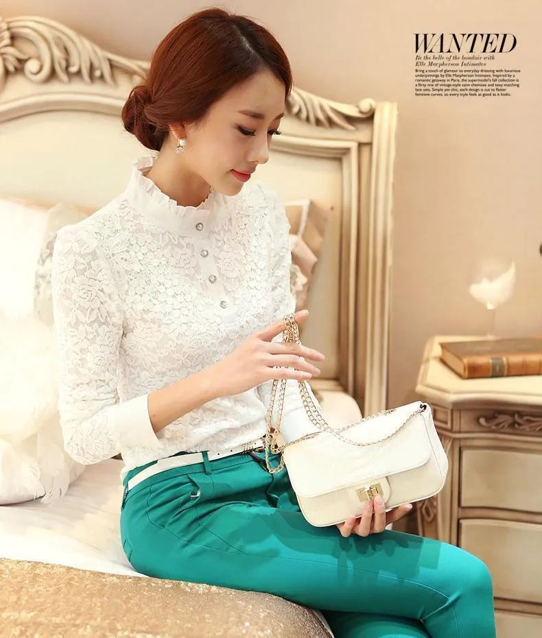 Long Sleeve Lace Floral Patchwork Chiffon Blouse Shirts  (US 2-16W)