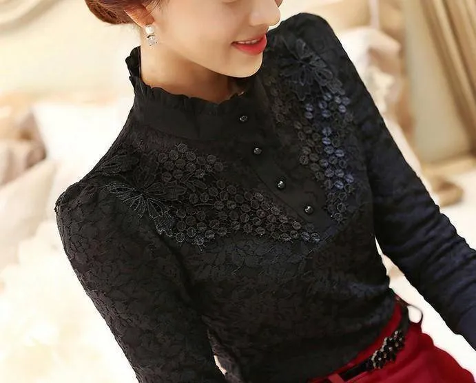 Long Sleeve Lace Floral Patchwork Chiffon Blouse Shirts  (US 2-16W)