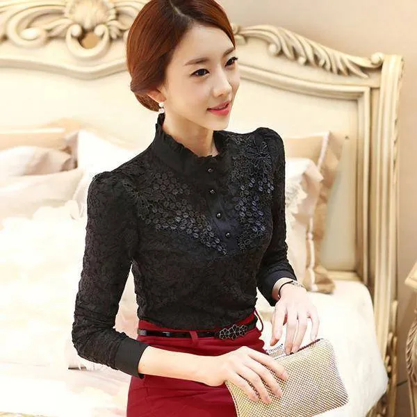 Long Sleeve Lace Floral Patchwork Chiffon Blouse Shirts  (US 2-16W)