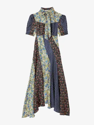 Patchwork pussy-bow woven midi dress
