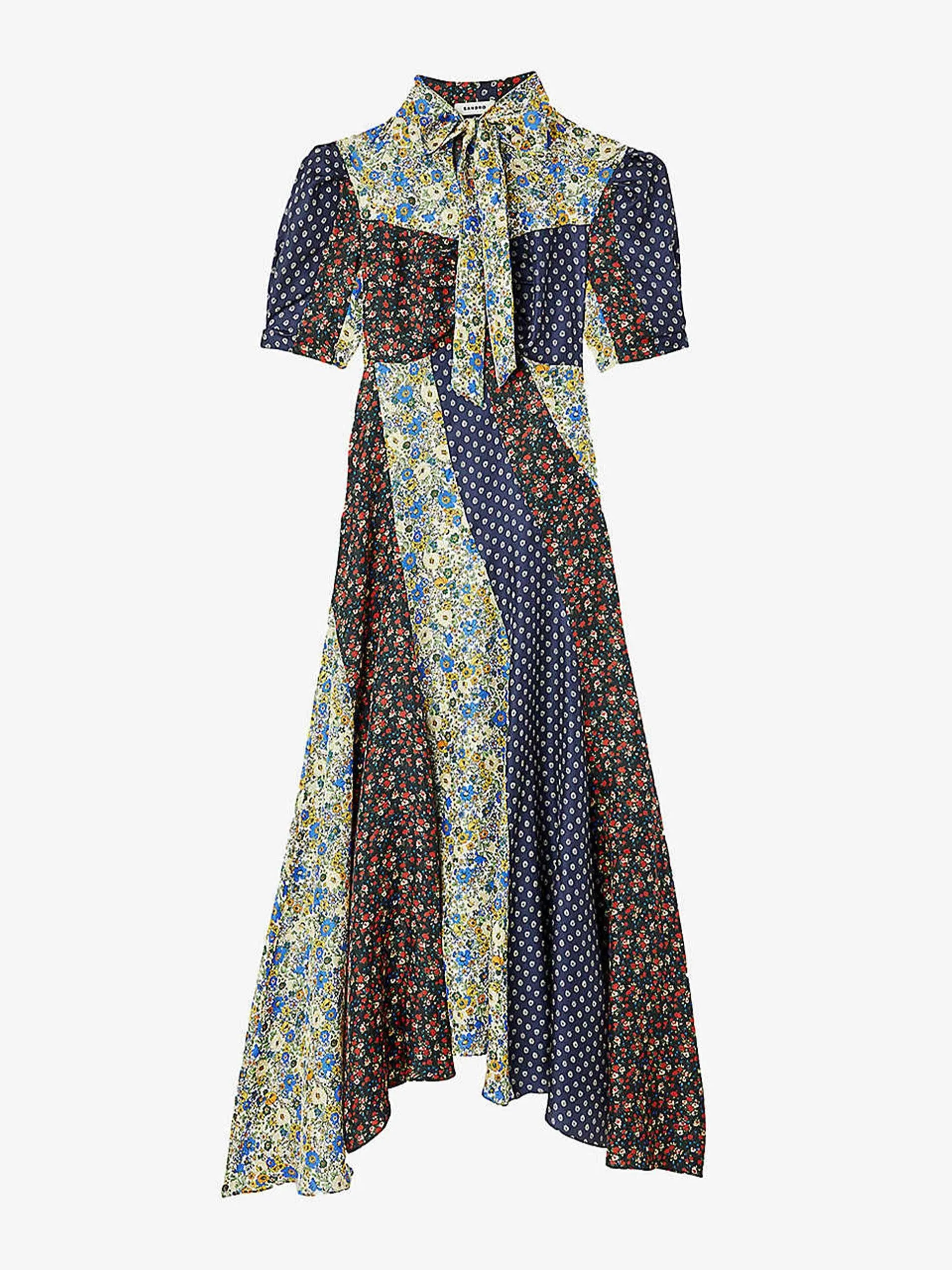 Patchwork pussy-bow woven midi dress