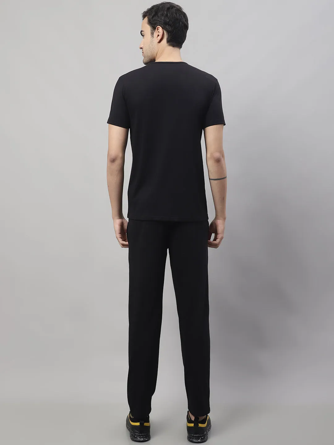Vimal Jonney Black Cotton Printed Co-ord Set Tracksuit For Men(Zip On 1 Side Pocket)