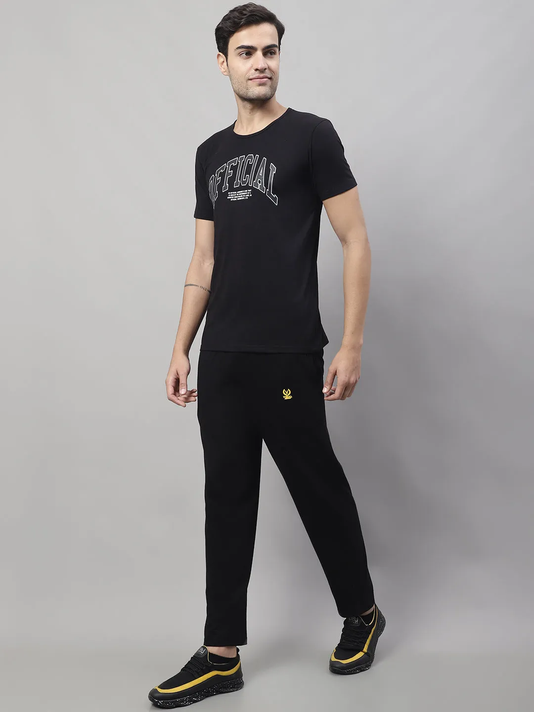 Vimal Jonney Black Cotton Printed Co-ord Set Tracksuit For Men(Zip On 1 Side Pocket)