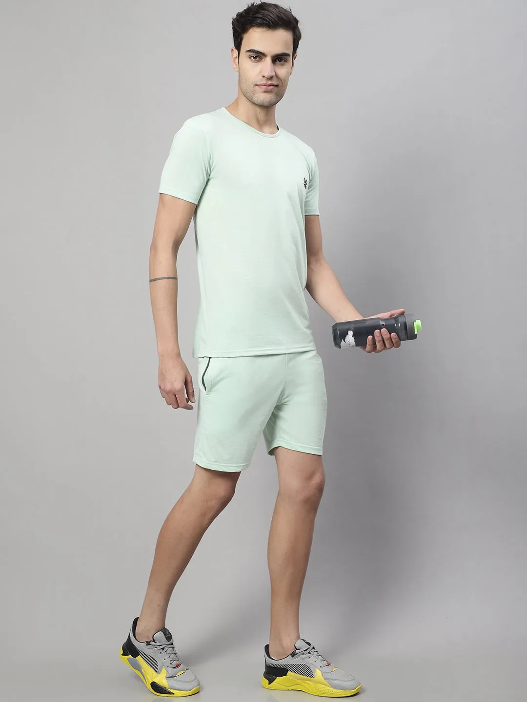 Vimal Jonney Light Green Cotton Solid Co-ord Set Tracksuit For Men(Zip On 1 Side Pocket)