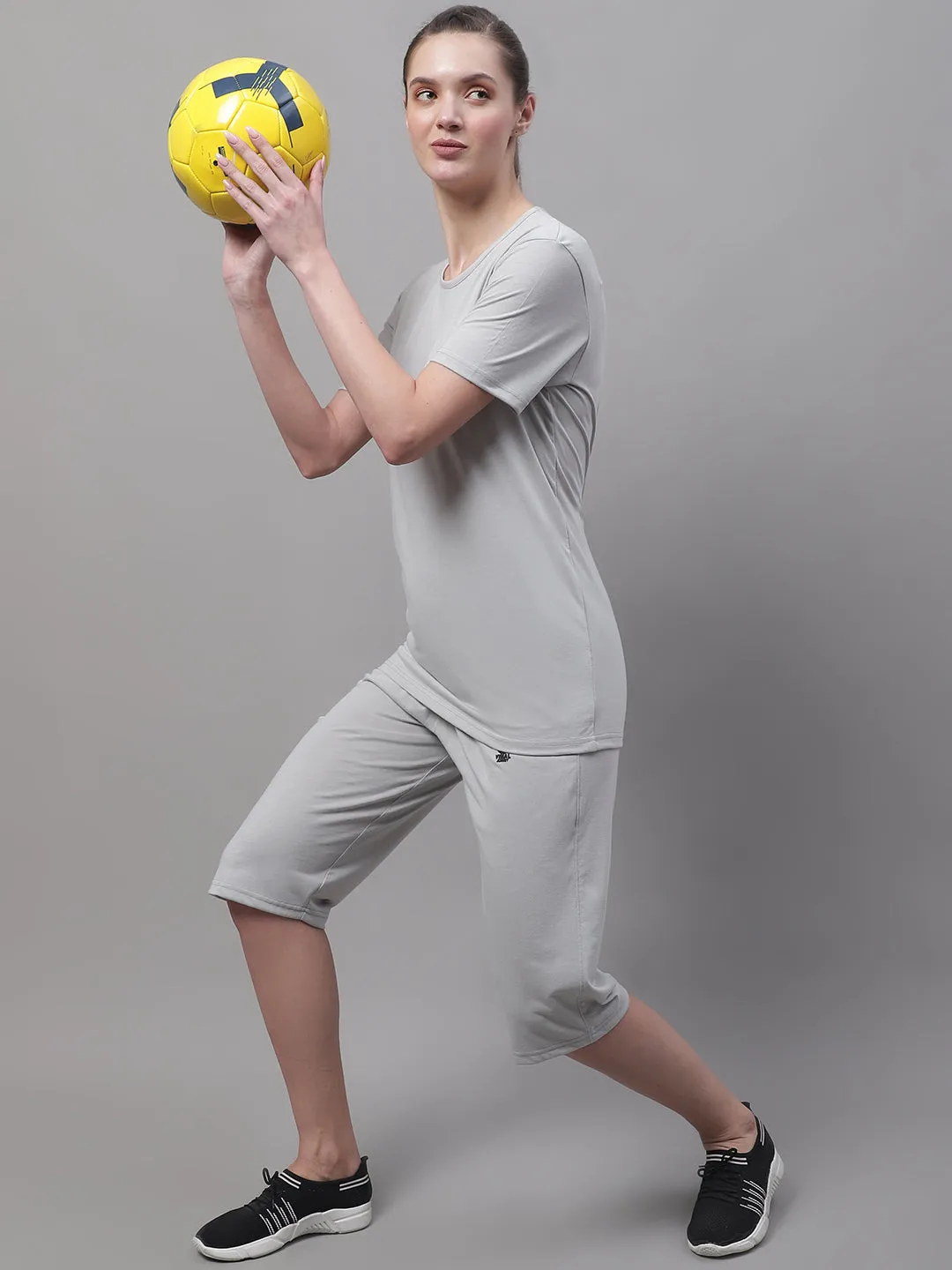 Vimal Jonney Light Grey Cotton Solid Co-ord Set Tracksuit For Women