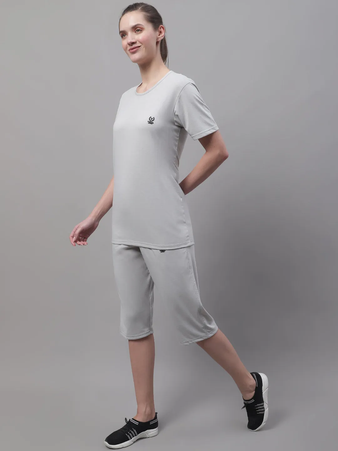 Vimal Jonney Light Grey Cotton Solid Co-ord Set Tracksuit For Women
