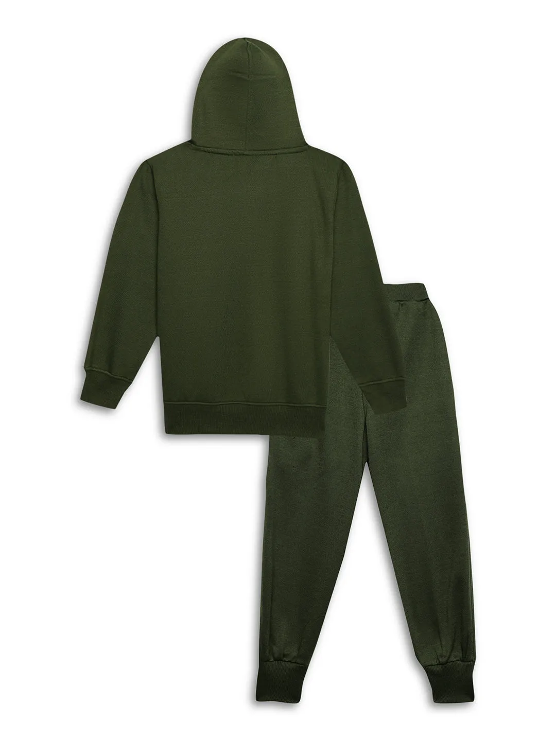 Vimal Jonney Olive Printed Hooded Cotton Fleece Tracksuit Co-ord Set for Kids