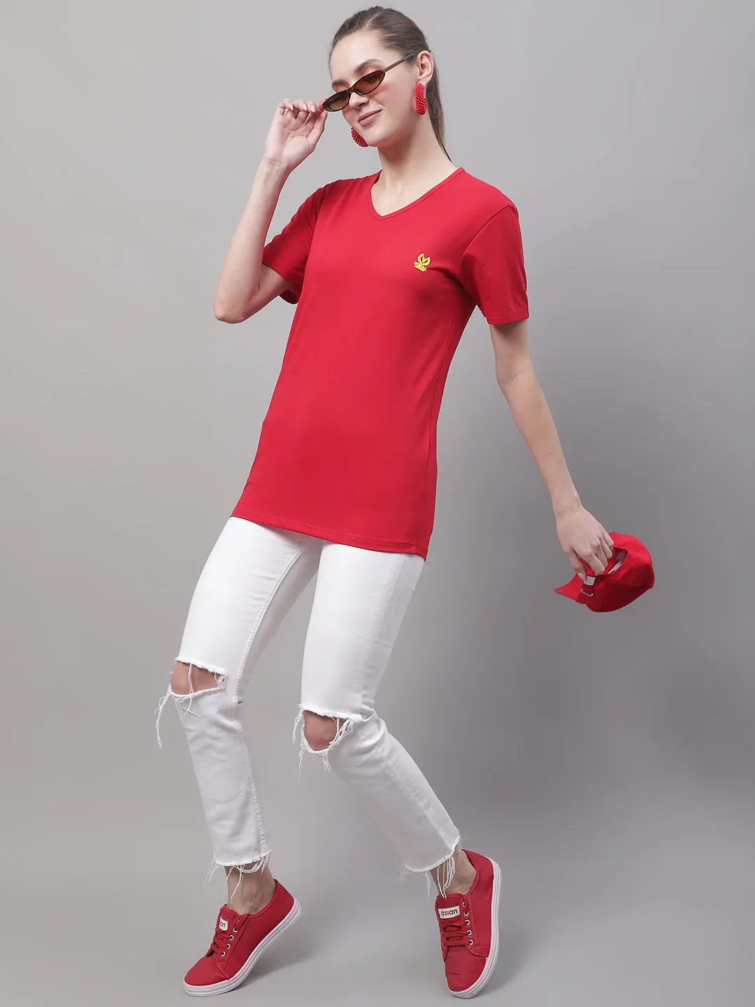 Vimal Jonney V Neck Cotton Solid Red T-Shirt for Women