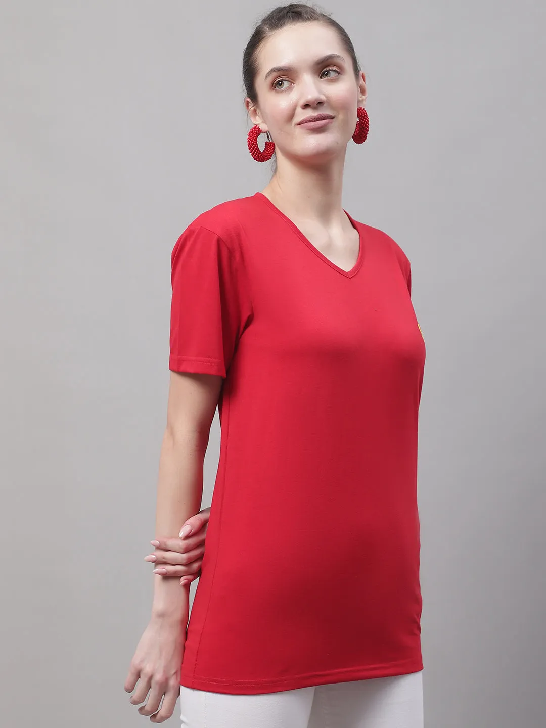Vimal Jonney V Neck Cotton Solid Red T-Shirt for Women