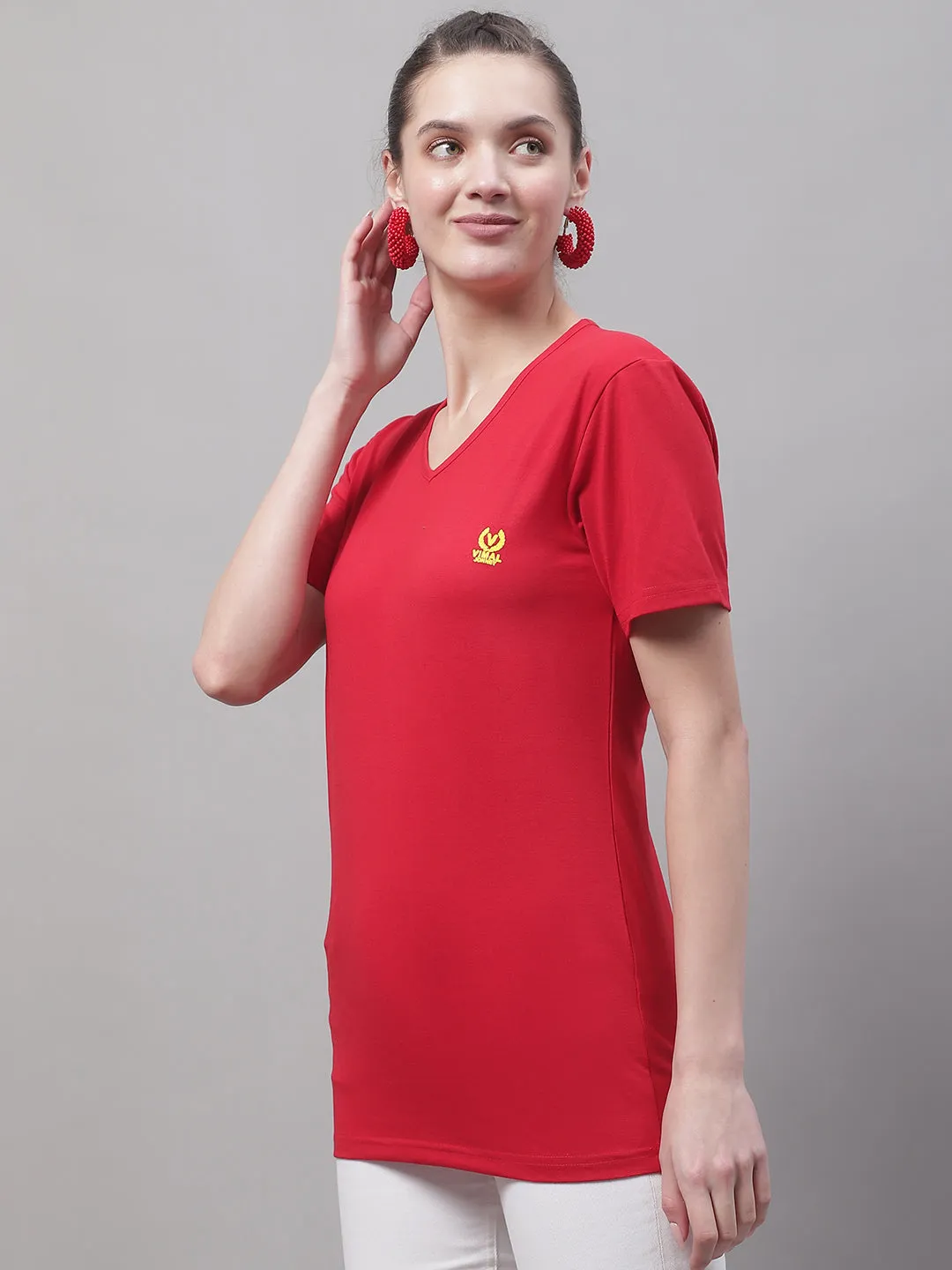 Vimal Jonney V Neck Cotton Solid Red T-Shirt for Women