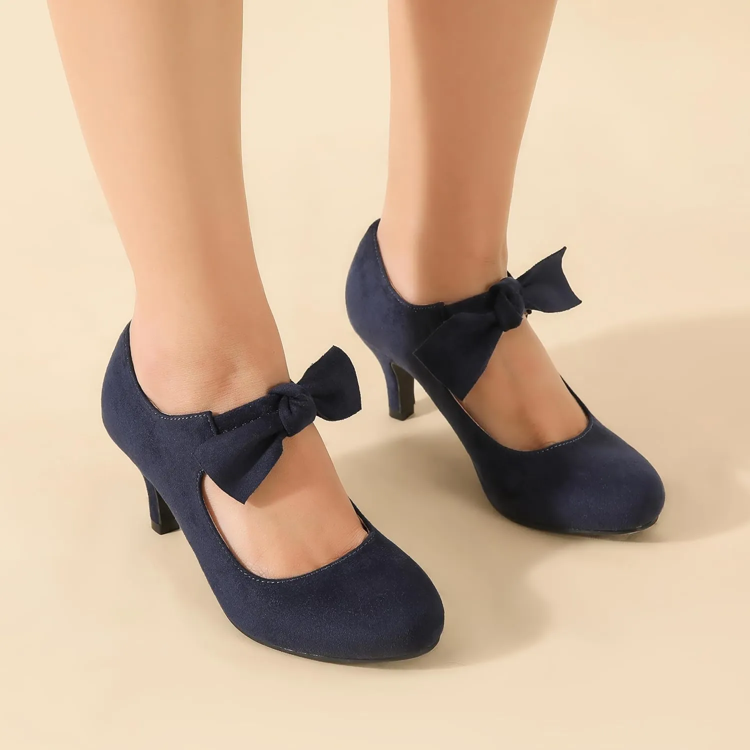 Women's Cute Bow Heels Mary Jane Kitten Heel Pumps Closed Round Toe Low Heels Ankle Strap Wedding Evening Party Dress Office Work Church Shoes
