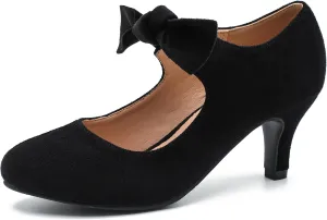 Women's Cute Bow Heels Mary Jane Kitten Heel Pumps Closed Round Toe Low Heels Ankle Strap Wedding Evening Party Dress Office Work Church Shoes