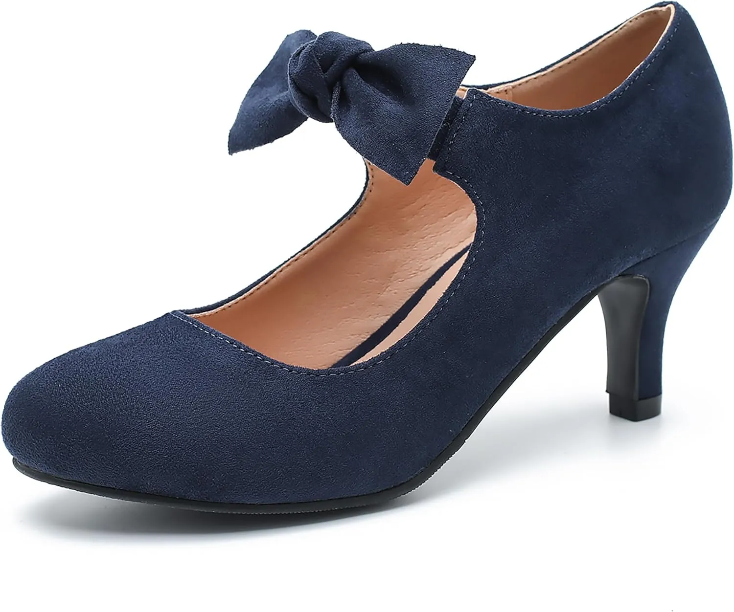Women's Cute Bow Heels Mary Jane Kitten Heel Pumps Closed Round Toe Low Heels Ankle Strap Wedding Evening Party Dress Office Work Church Shoes