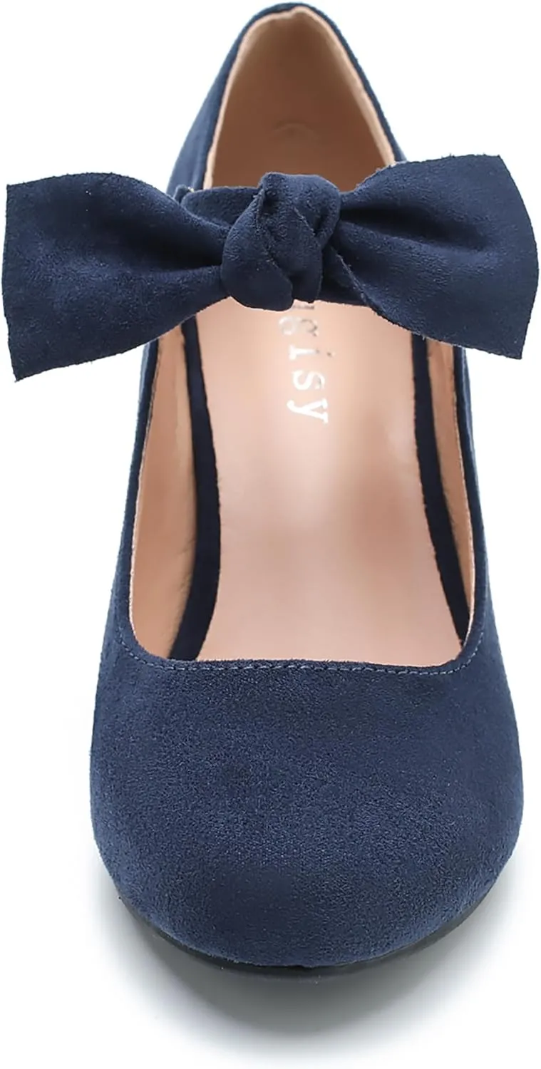Women's Cute Bow Heels Mary Jane Kitten Heel Pumps Closed Round Toe Low Heels Ankle Strap Wedding Evening Party Dress Office Work Church Shoes
