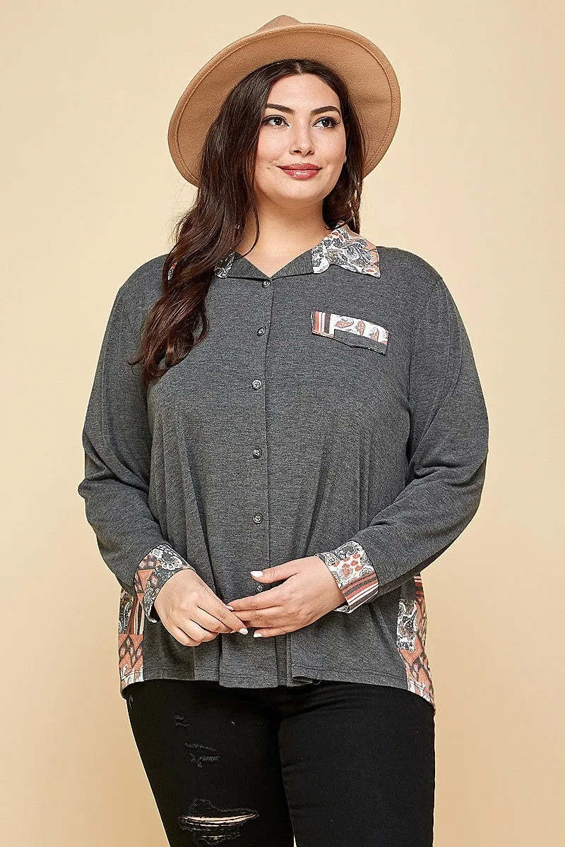 Women's Plus Size Printed Patchwork Contrast Button Up Shirt