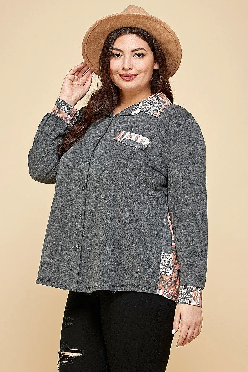 Women's Plus Size Printed Patchwork Contrast Button Up Shirt