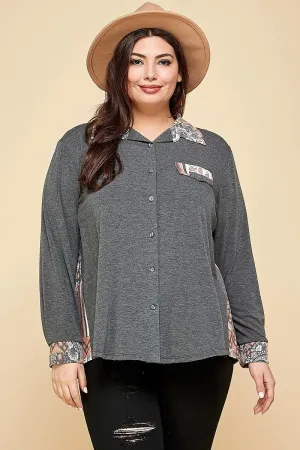 Women's Plus Size Printed Patchwork Contrast Button Up Shirt