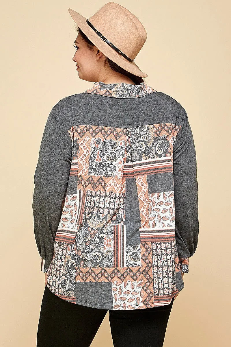 Women's Plus Size Printed Patchwork Contrast Button Up Shirt