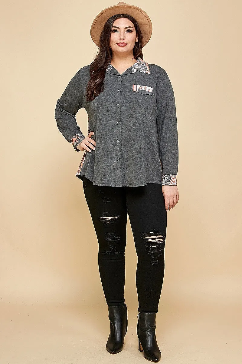 Women's Plus Size Printed Patchwork Contrast Button Up Shirt